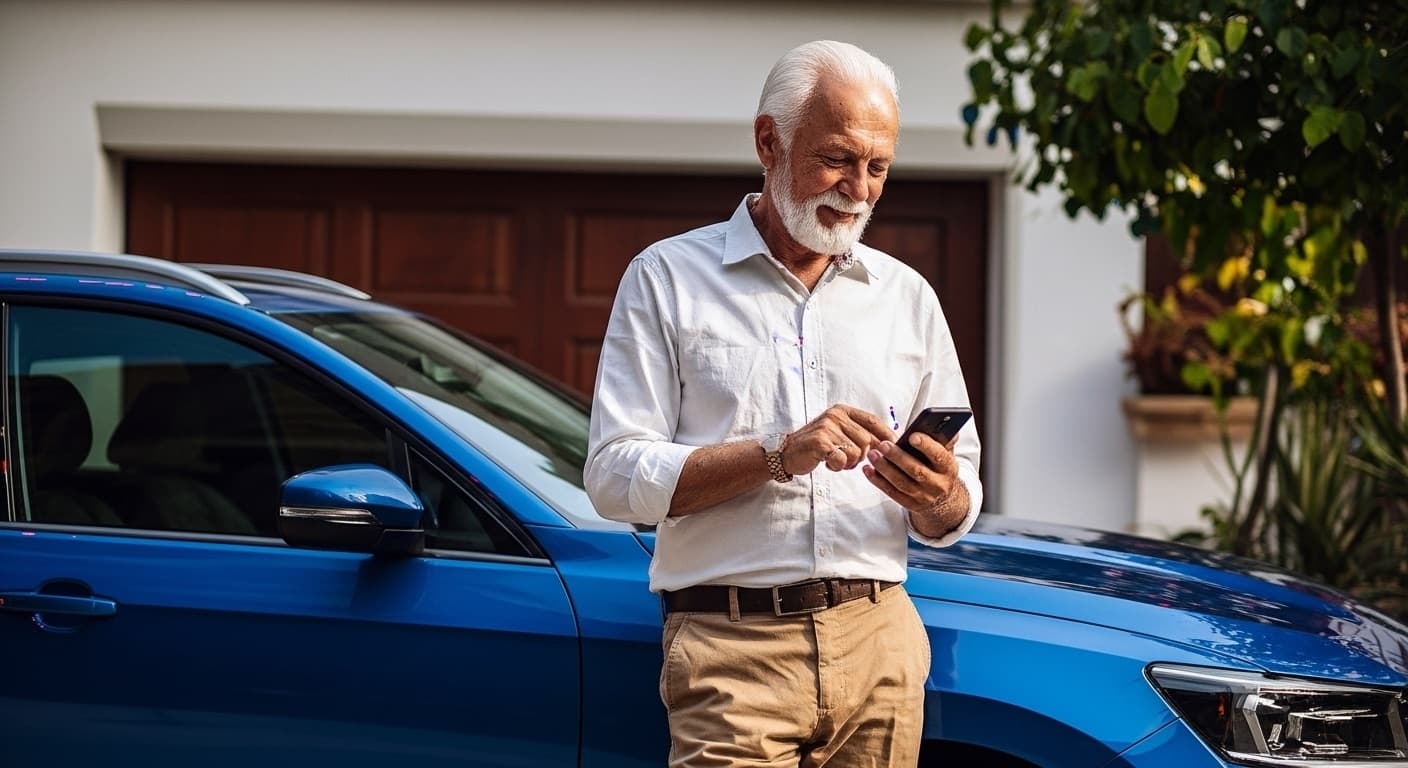 Cliente usando o celular ao lado do carro