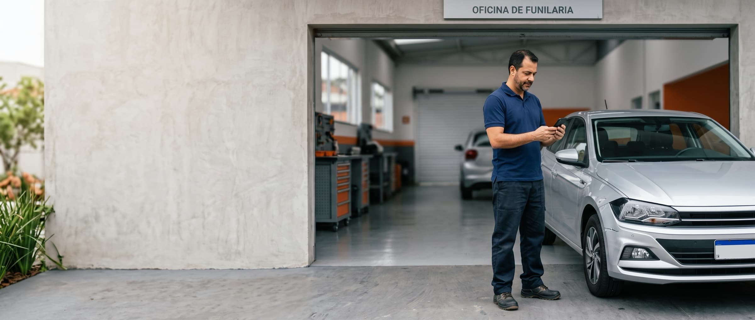 Funileiro conferindo o orçamento no celular ao lado do carro, na porta da oficina