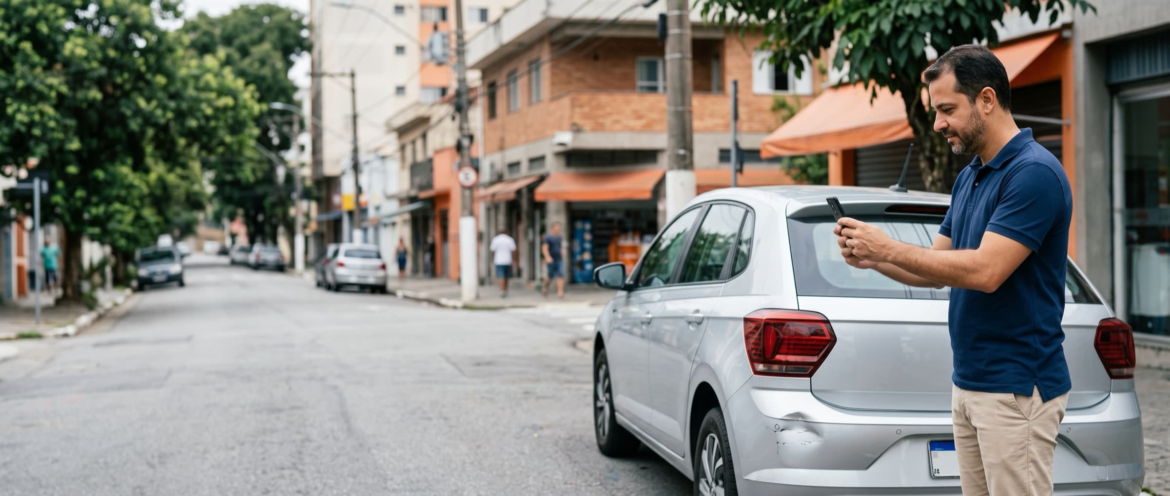 Motorista fotografando com o celular o para-choque amassado do carro