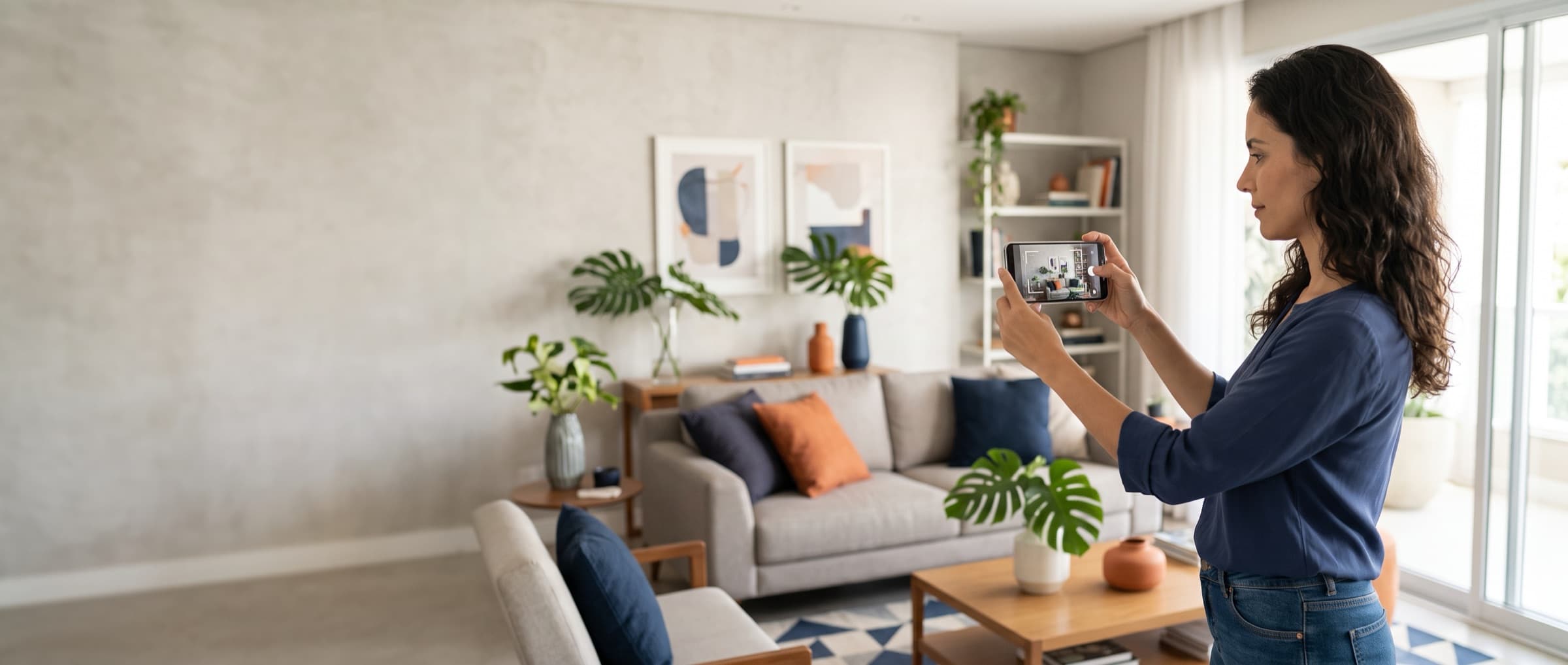 Cliente fotografando a própria sala com o celular na vistoria do seguro residencial